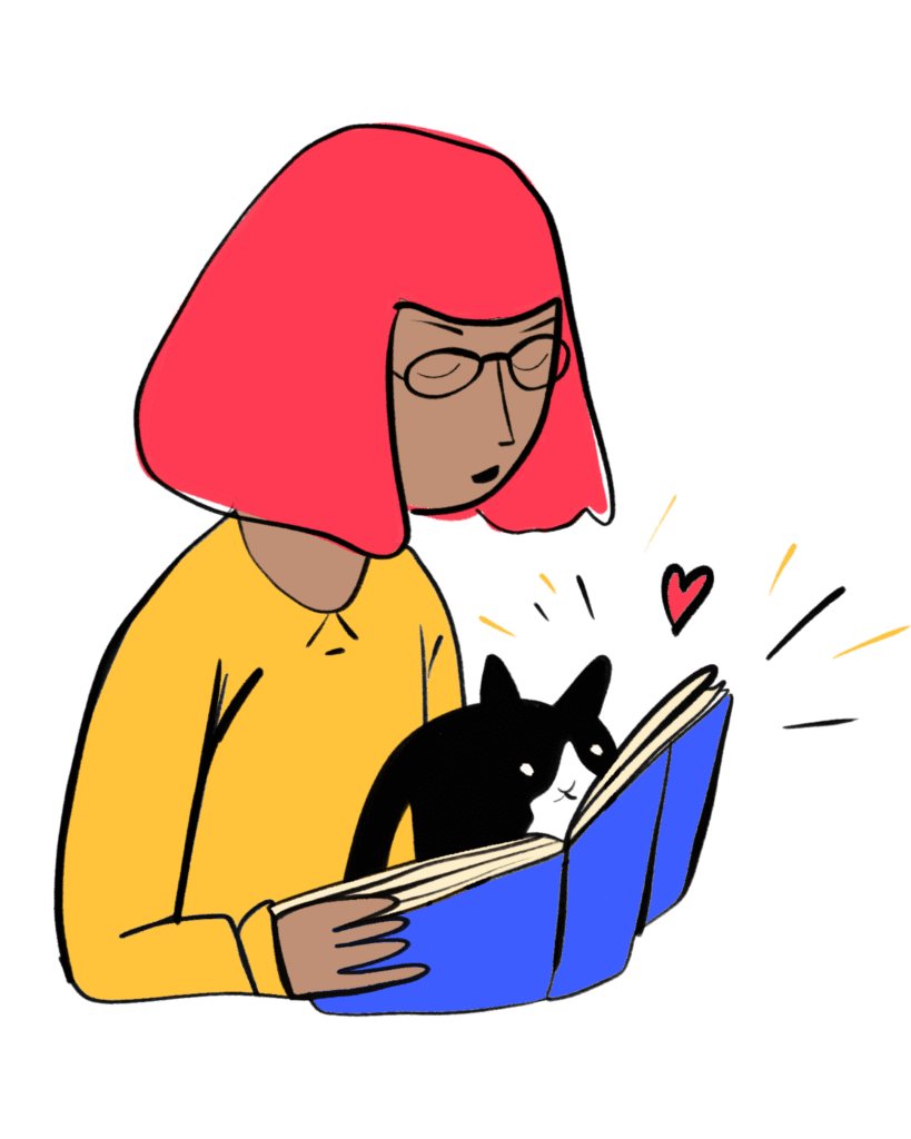 An illustration of a brown-skinned person with red hair wearing glasses and a yellow top looking down at a book they're reading. A small cat also peers at the page. A small red heart is drawn next to the pair. The atmosphere of the image is calm.