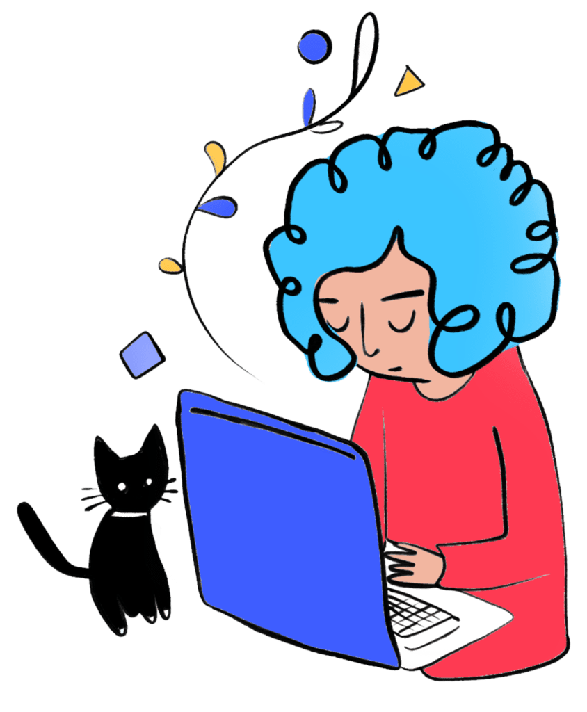 An illustration of a person with blue hair looking down at a laptop. They are wearing a red top and a small cat sits nearby. There is a blue and yellow decorative leaf pattern at the side. The atmosphere of the image is calm.